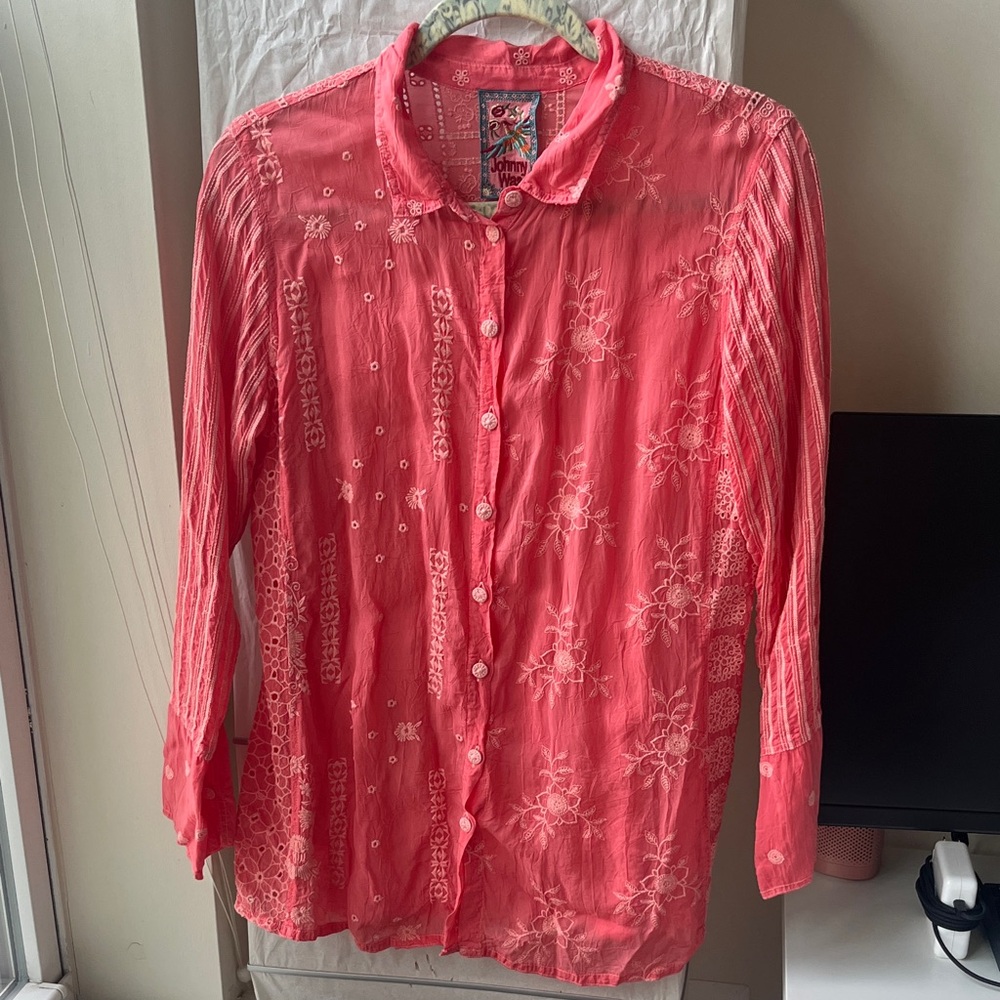Johnny Was Coral Button-Up Embroidered Blouse
